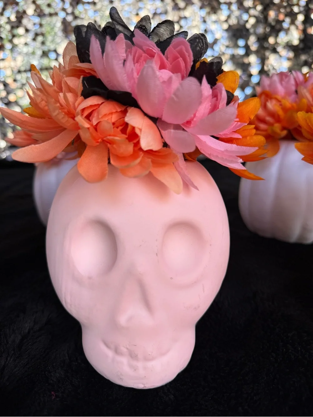 Set of 10 Faux Floral Pumpkin & Skull Centerpieces in Pink, Orange and Black